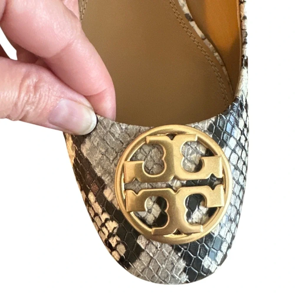 Tory Burch Chelsea Snake Embossed Ballet Flats Gold Logo Block Heel Size 7.5